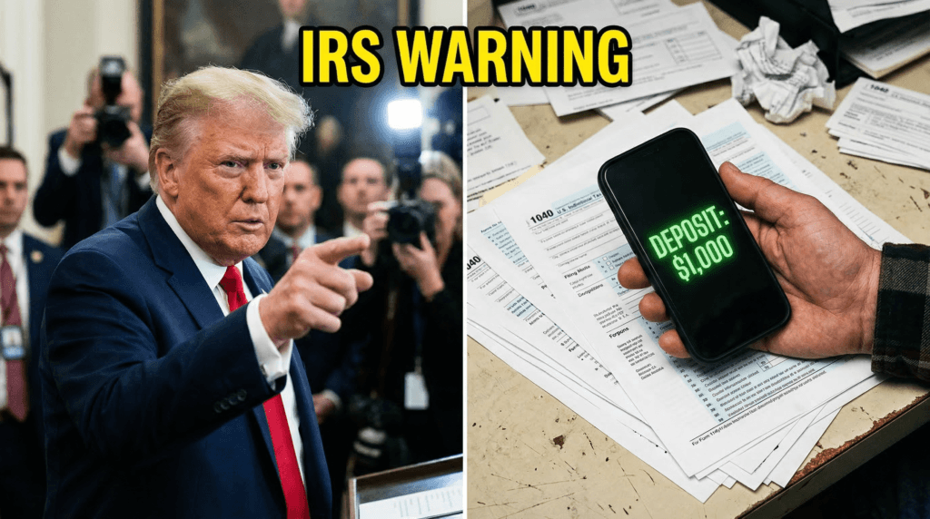 President Trump reviewing an executive document regarding the $1,000 Schedule 1-A tax refund delay.