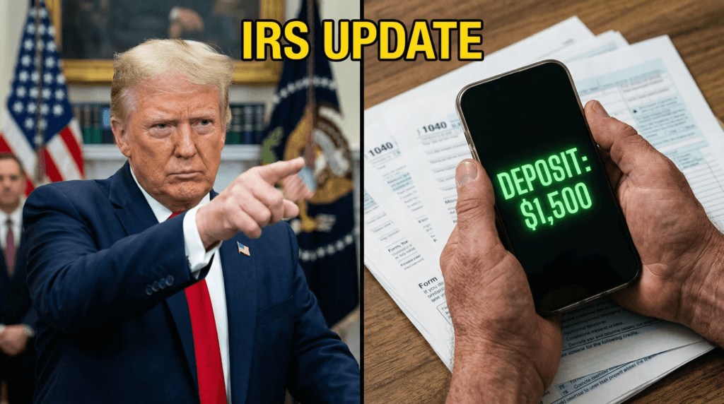 President Trump reviewing an executive document regarding the $1,500 IRS delayed refund update.