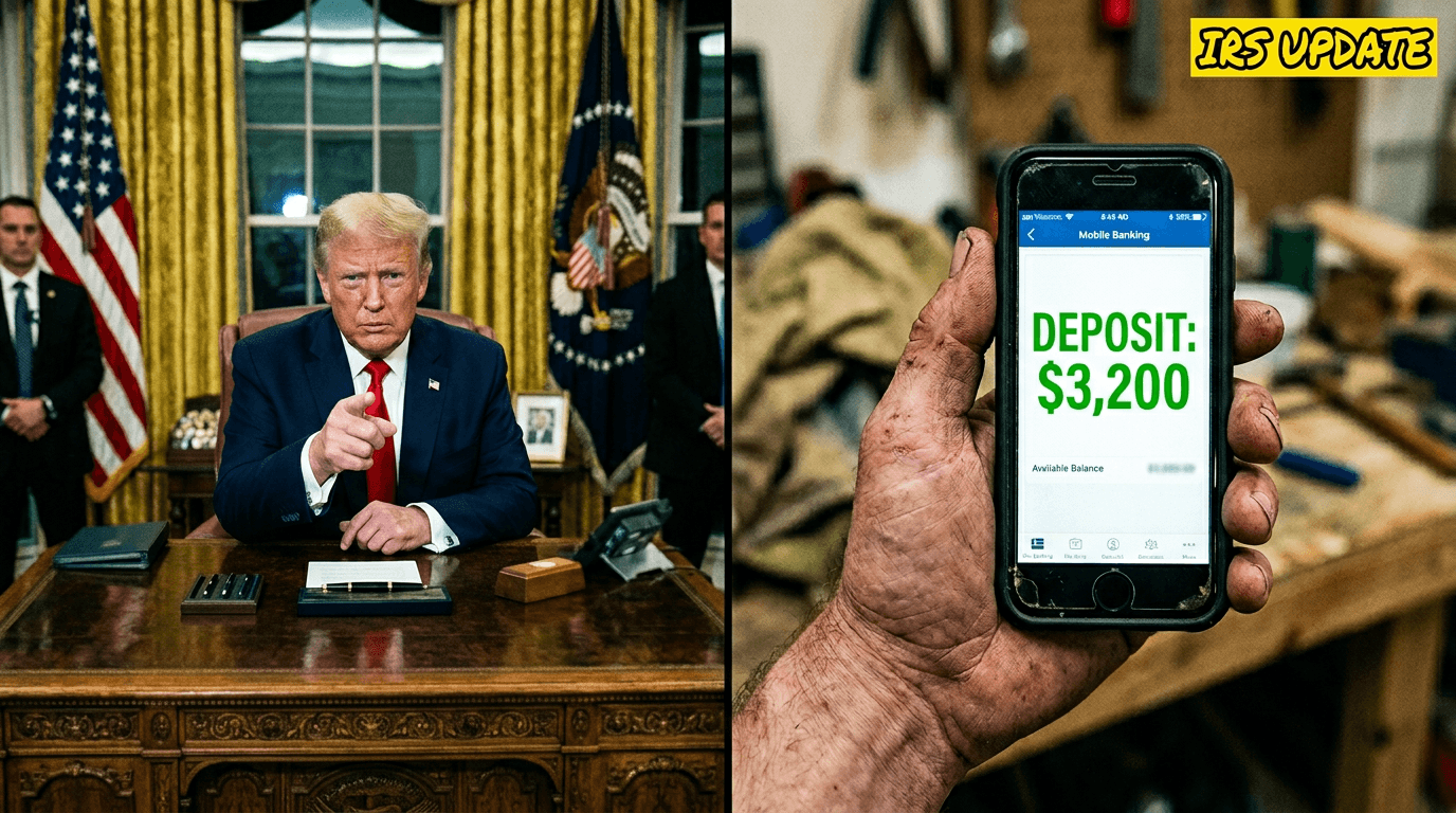 "President Trump holding executive document regarding the delayed $3,200 tax refund update."