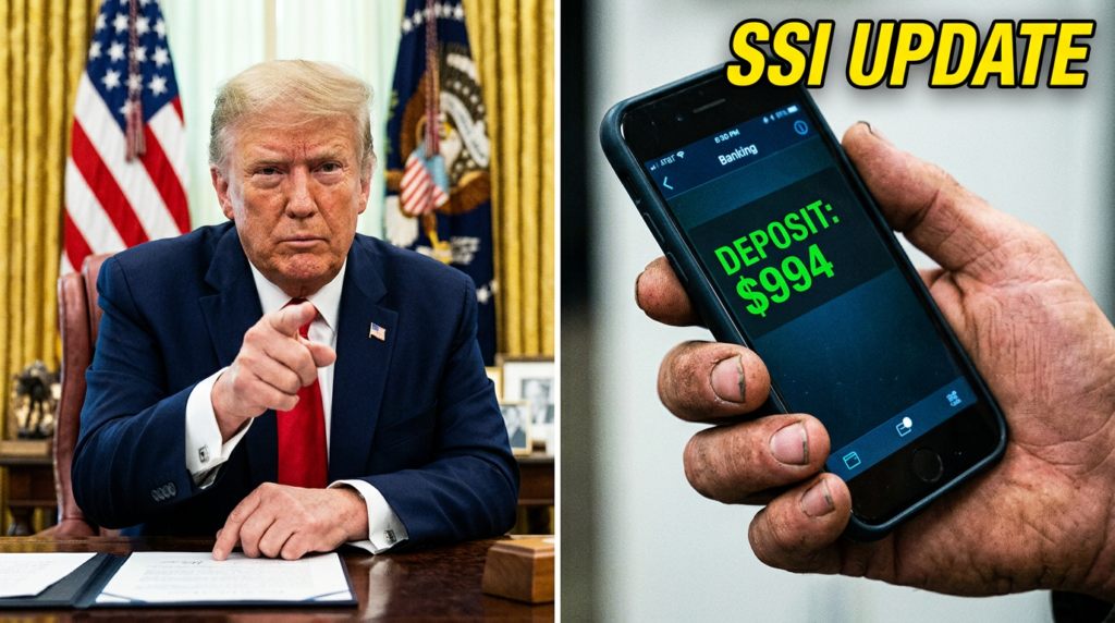 "President Trump holding executive document regarding the $994 financial relief update."