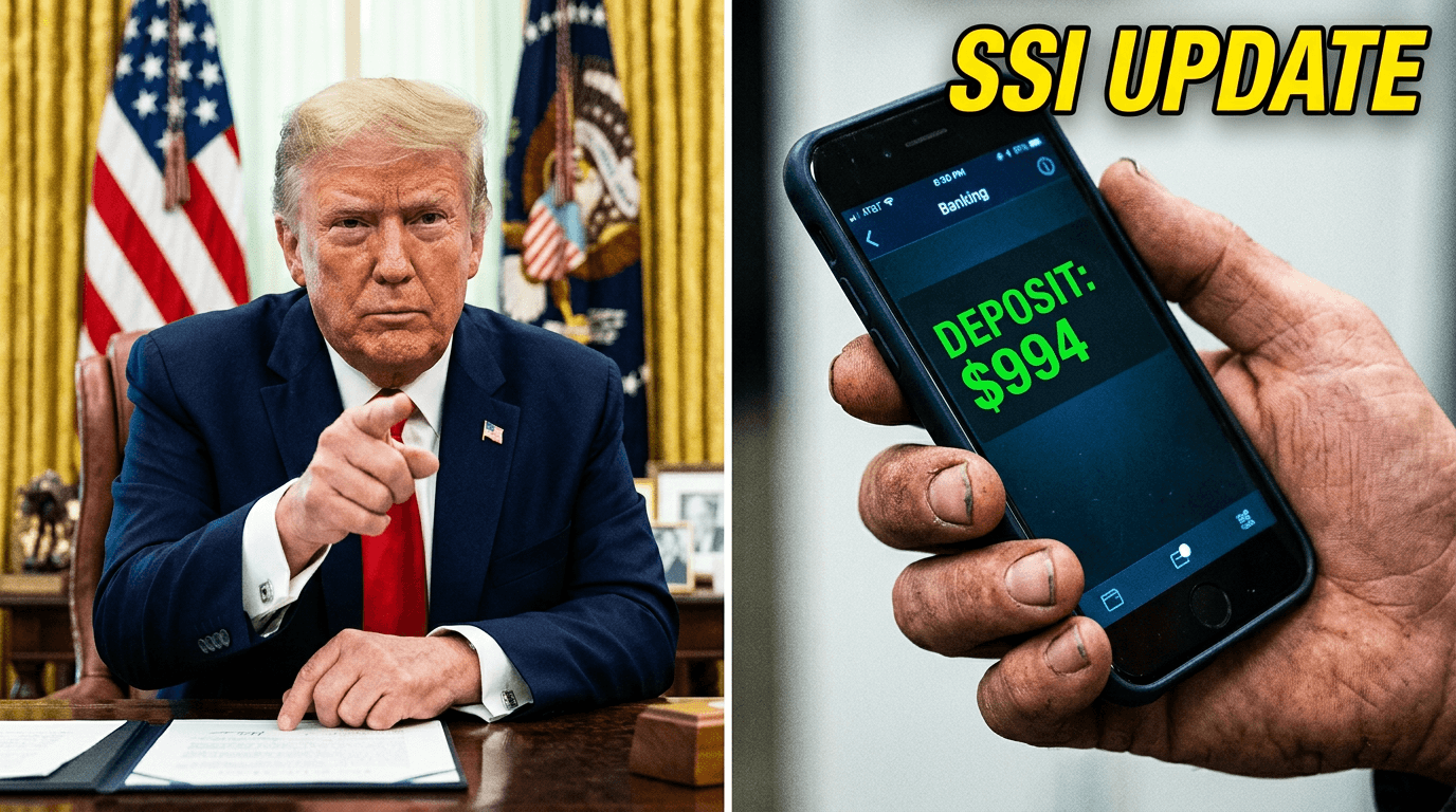 "President Trump holding executive document regarding the $994 financial relief update."