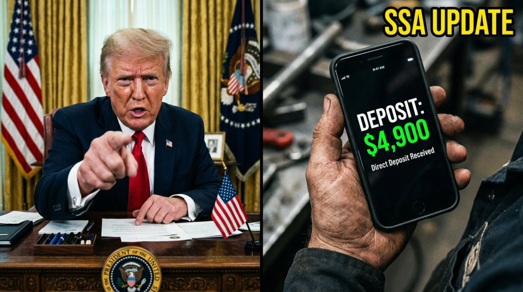 "President Trump holding executive document regarding the $4,900 financial relief update."