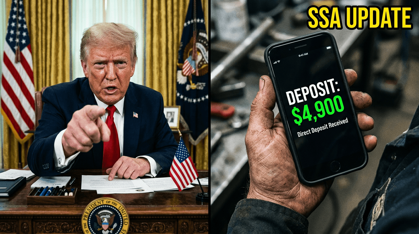 "President Trump holding executive document regarding the $4,900 financial relief update."