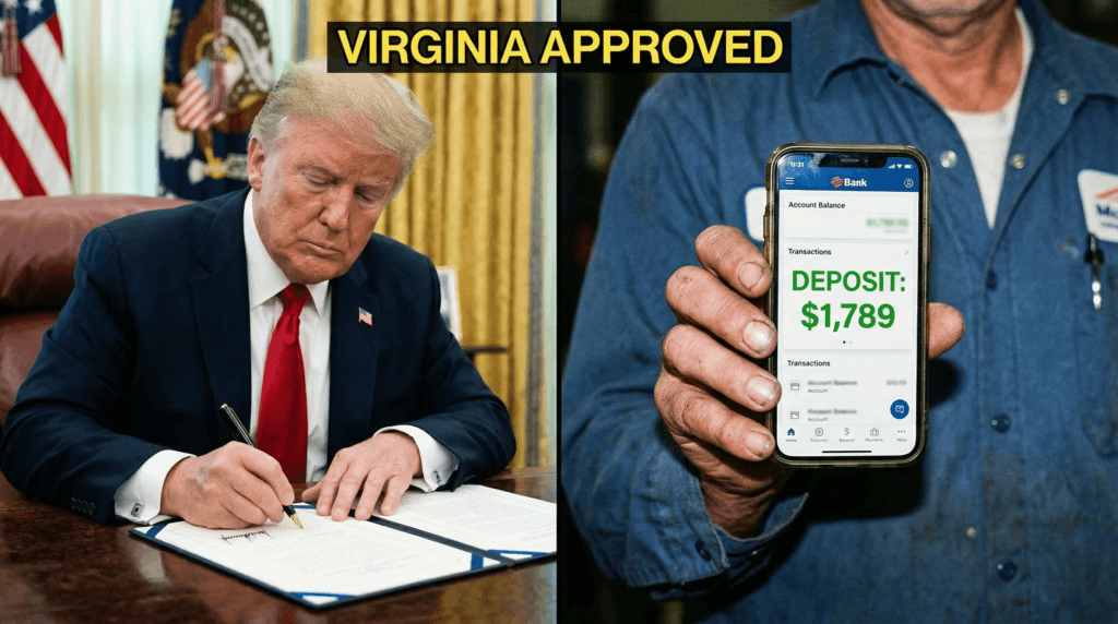 "President Trump holding executive document regarding the $1,789 Virginia SNAP update and spring relief."
