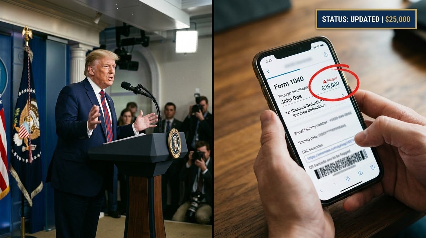 Split-screen showing a formal economic policy address beside a handheld smartphone displaying a Form 1040 tax return with a $25,000 tip income deduction.