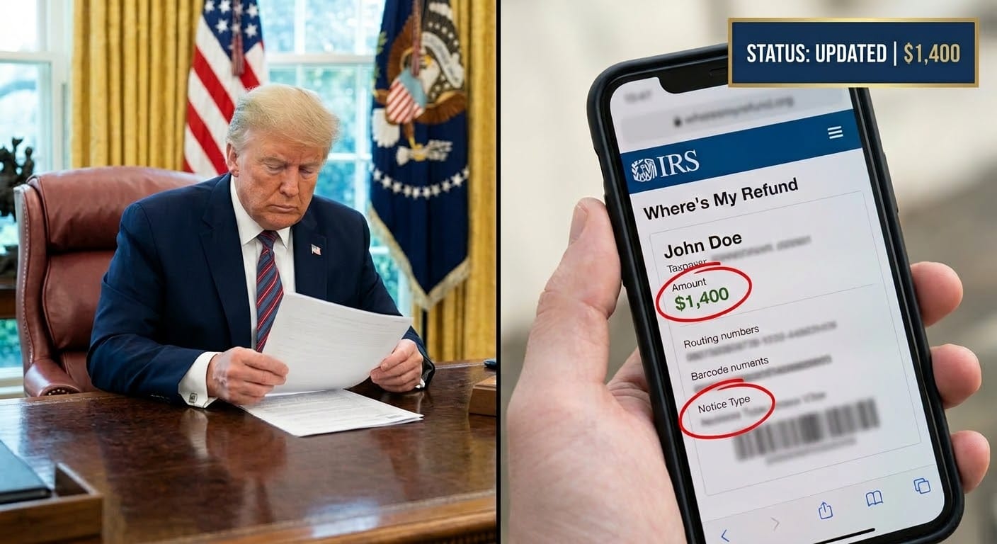 : Split-screen view showing President Trump at a signing desk alongside a blurred taxpayer smartphone displaying an IRS Where's My Refund portal screen in Texas.