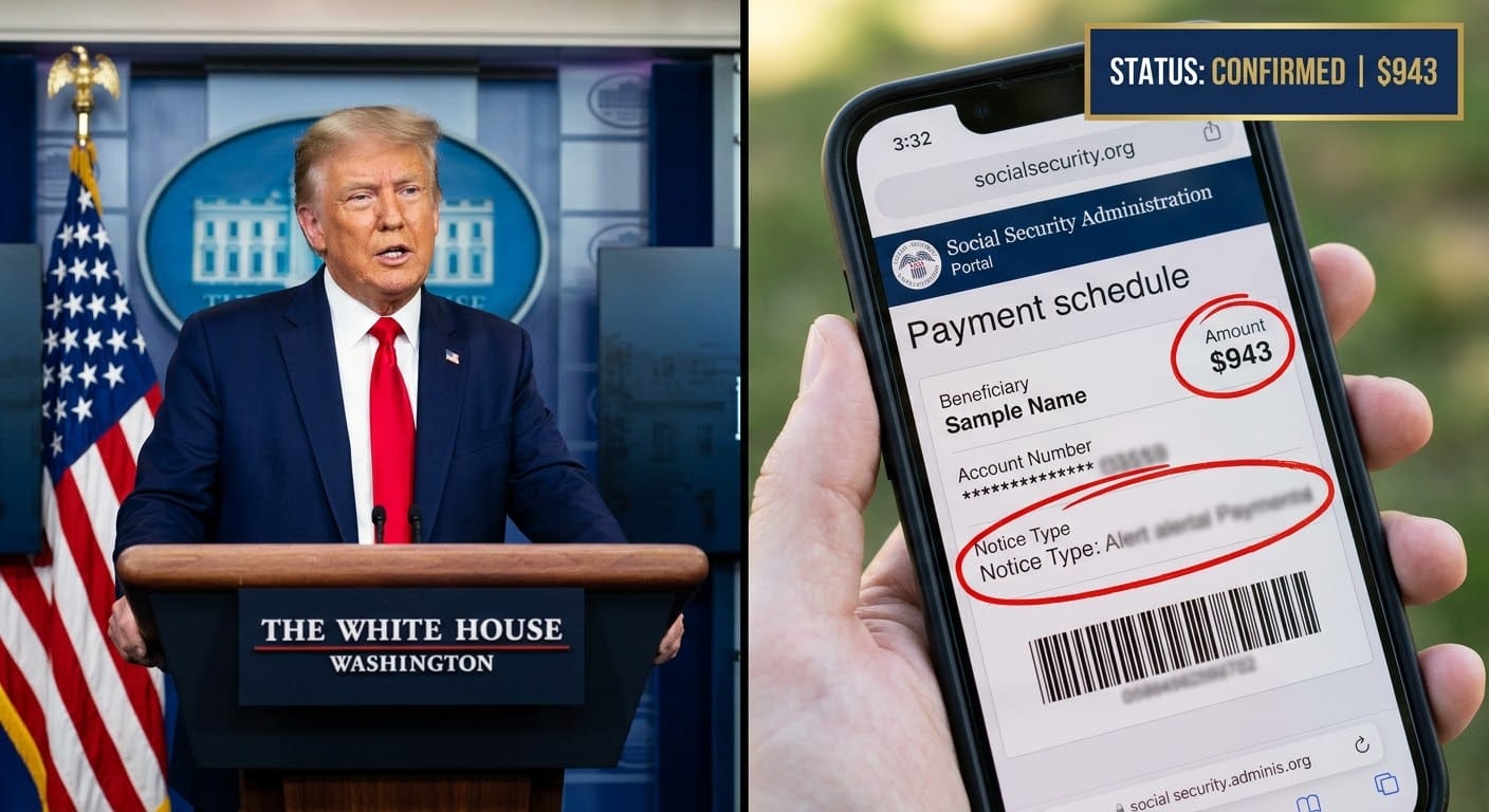 Split-screen view showing President Trump at a press podium alongside a blurred taxpayer smartphone displaying a Social Security Administration portal screen in Florida.