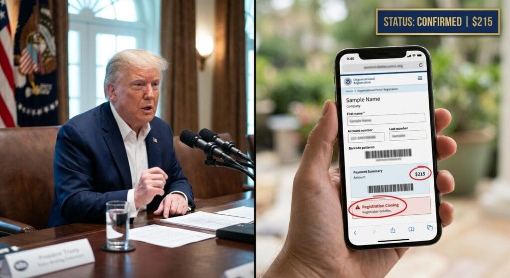 Split-screen view showing President Trump at a policy briefing desk alongside a blurred laptop screen displaying the USCIS H-1B registration portal in California.