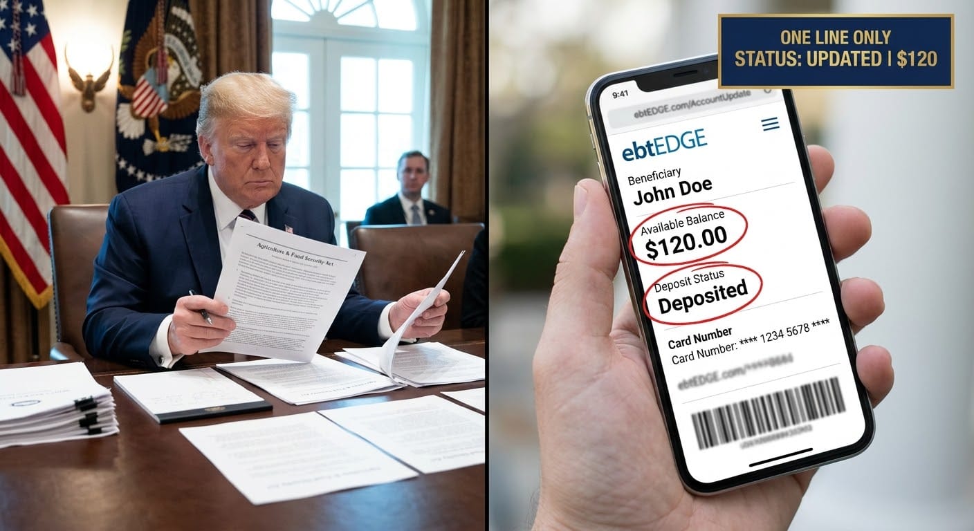 Split-screen view showing President Trump at a policy briefing desk alongside a blurred taxpayer smartphone displaying the ebtEDGE portal screen in New York.