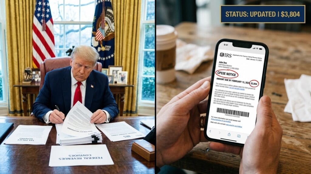 A split-screen visual. On the left, President Trump is seated in the Oval Office, reviewing a stack of federal tax policy documents. On the right, a handheld smartphone displays an IRS CP53E Notice for "John Doe," with a hand-drawn red circle highlighting the $3,804 refund amount and the notice type. A sharp navy blue rectangle with a gold border sits in the top right corner reading "STATUS: UPDATED | $3,804".