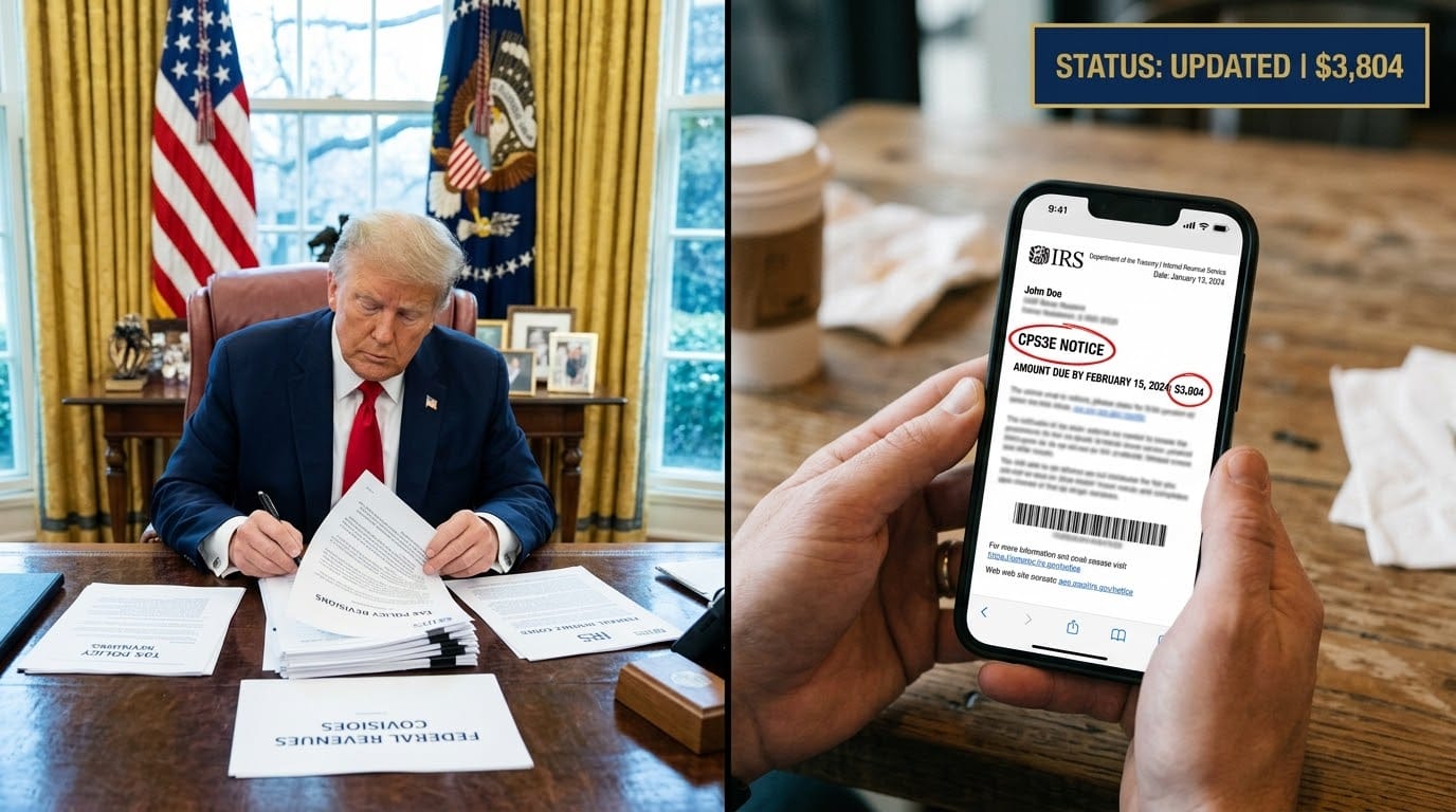 A split-screen visual. On the left, President Trump is seated in the Oval Office, reviewing a stack of federal tax policy documents. On the right, a handheld smartphone displays an IRS CP53E Notice for "John Doe," with a hand-drawn red circle highlighting the $3,804 refund amount and the notice type. A sharp navy blue rectangle with a gold border sits in the top right corner reading "STATUS: UPDATED | $3,804".