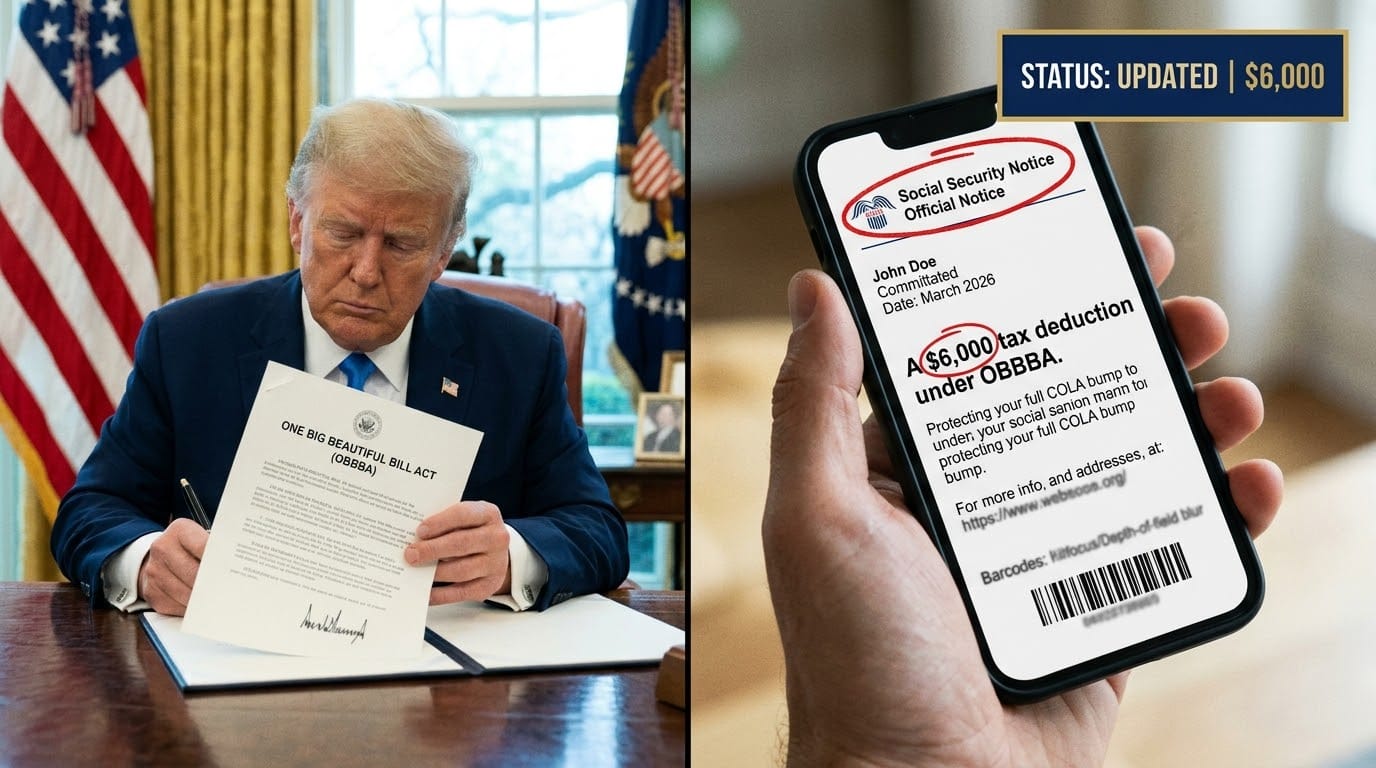 A split-screen visual. On the left, President Trump is seated in the Oval Office, reviewing a stack of federal tax policy documents. On the right, a handheld smartphone displays an IRS CP53E Notice for "John Doe," with a hand-drawn red circle highlighting the $3,804 refund amount and the notice type. A sharp navy blue rectangle with a gold border sits in the top right corner reading "STATUS: UPDATED | $3,804".