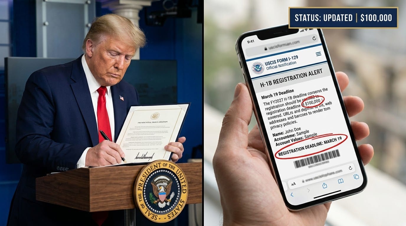 A split-screen visual. The left shows President Donald Trump signing an official presidential proclamation at a podium. The right shows a handheld smartphone displaying a USCIS H-1B lottery registration alert for 'John Doe', with hand-drawn red circles specifically highlighting a $100,000 fee amount and the registration deadline info. A sharp navy blue rectangle with a gold border sits in the top right corner reading 'STATUS: UPDATED | $100,000'.