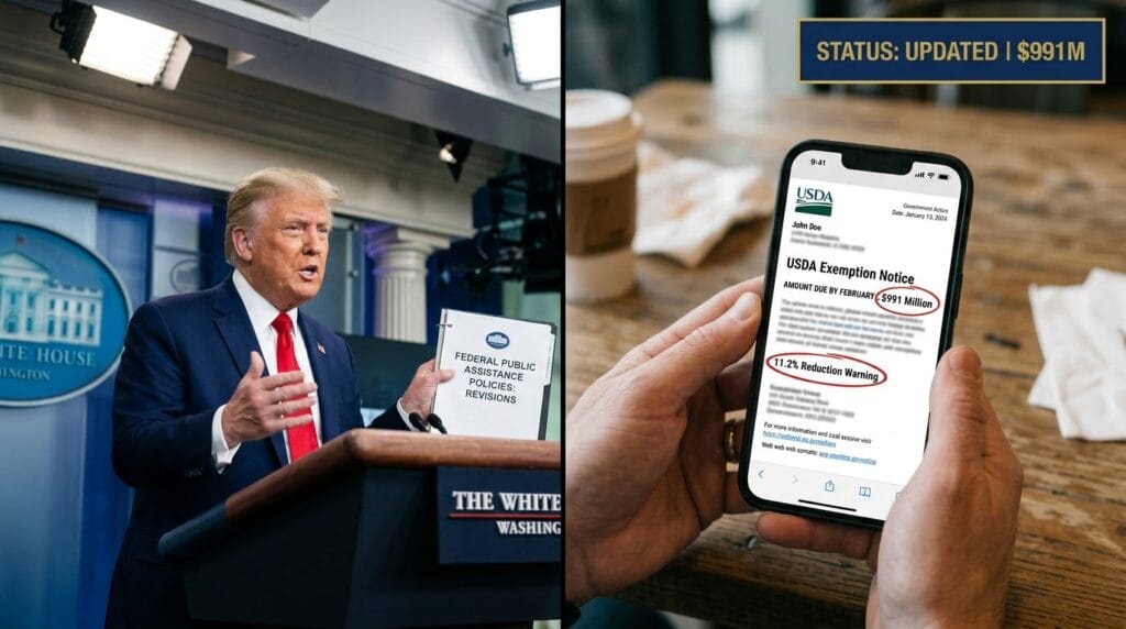 A split-screen visual. On the left, President Trump stands at a formal podium addressing federal public assistance policies. On the right, a handheld smartphone displays a digital USDA notice for "John Doe," with hand-drawn red circles highlighting a $991 million state funding deficit and an 11.2% benefit reduction warning. A sharp navy blue rectangle with a gold border sits in the top right corner reading "STATUS: UPDATED | $991M".
