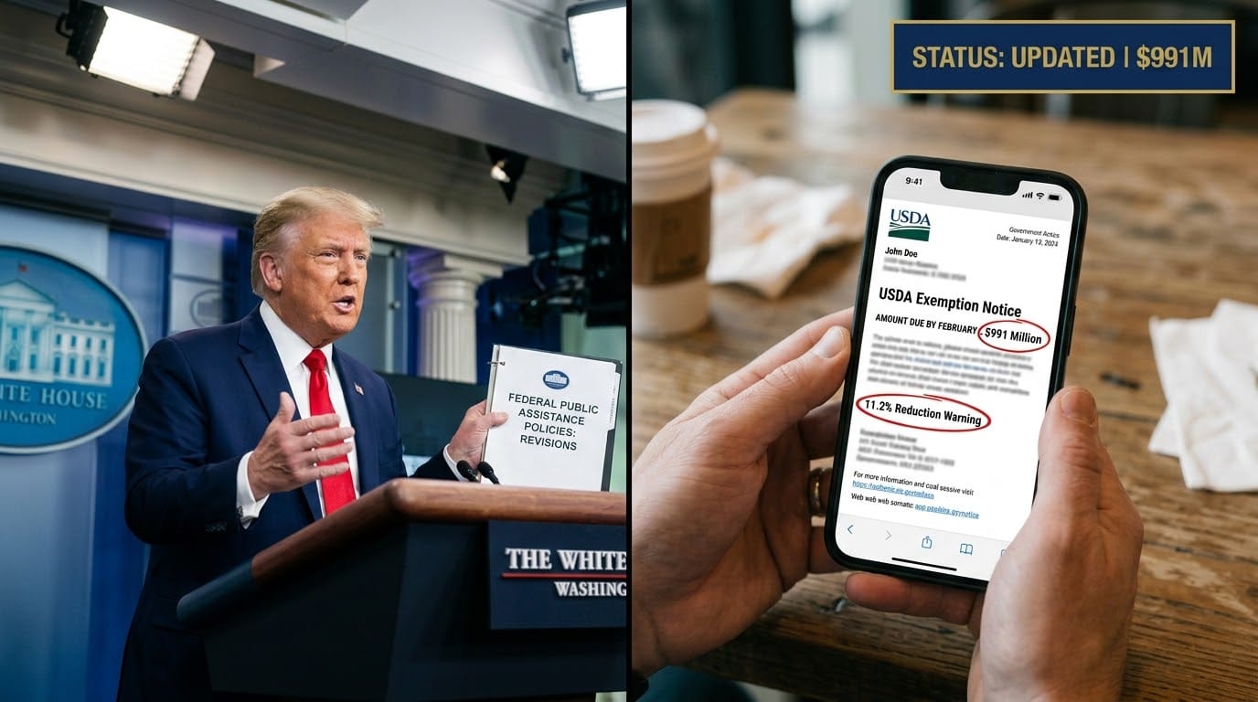 A split-screen visual. On the left, President Trump stands at a formal podium addressing federal public assistance policies. On the right, a handheld smartphone displays a digital USDA notice for "John Doe," with hand-drawn red circles highlighting a $991 million state funding deficit and an 11.2% benefit reduction warning. A sharp navy blue rectangle with a gold border sits in the top right corner reading "STATUS: UPDATED | $991M".