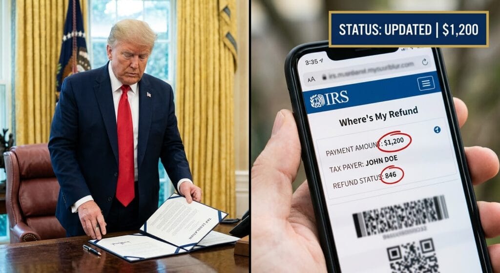 President Trump reviewing federal tax legislation alongside a California taxpayer's smartphone displaying IRS Schedule 1-A refund status.