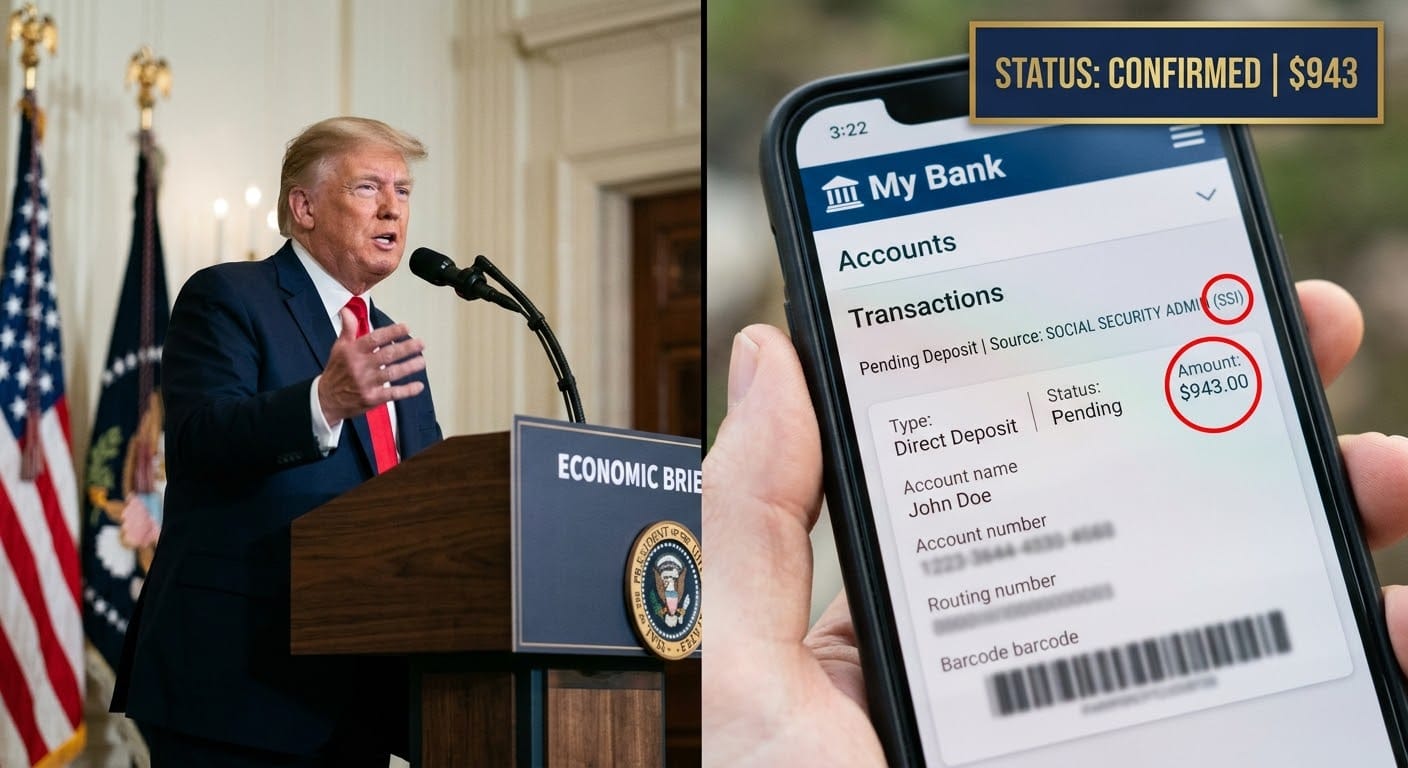 President Trump discussing federal economic policy alongside a Texas beneficiary's smartphone displaying a $943 SSI deposit confirmation.