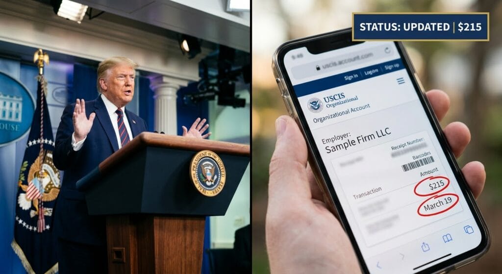 President Trump outlining federal immigration policy beside a Florida employer's smartphone displaying the $215 USCIS H-1B registration portal.