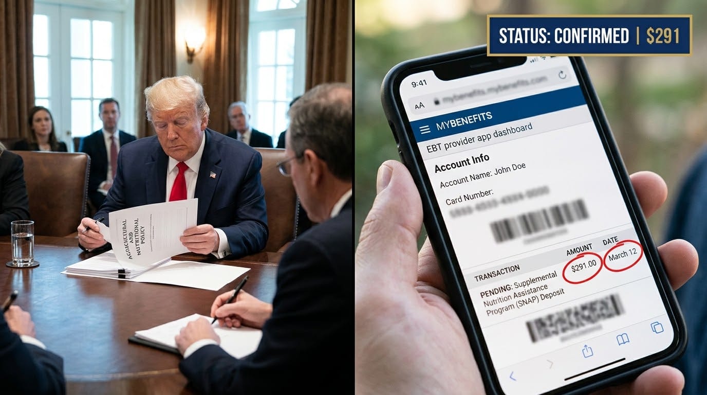 President Trump reviewing federal nutritional block grant proposals alongside a New York family's smartphone displaying a $291 SNAP EBT deposit.
