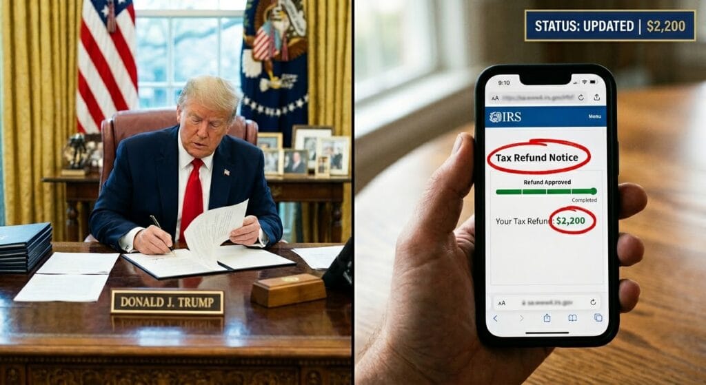 Split-screen image showing Donald Trump at a signing desk alongside a hand holding a smartphone displaying an IRS Where's My Refund status for $2,200.