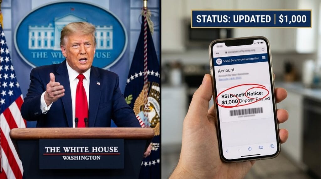 Split-screen image showing Donald Trump at a briefing podium alongside a hand holding a smartphone displaying a digital Social Security benefit notice and a $1,000 newborn account alert.