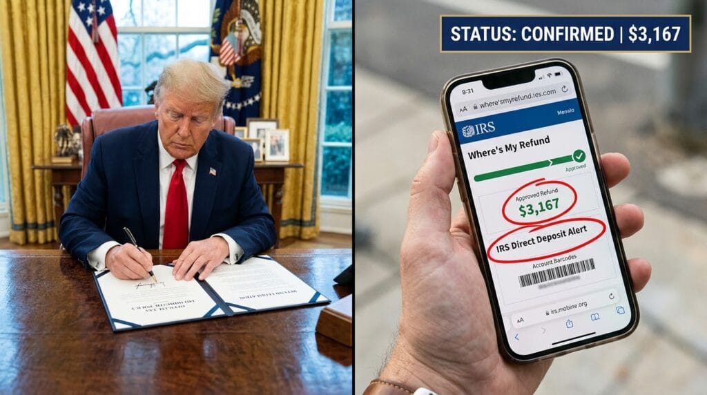 Split-screen image showing Donald Trump seated at the Oval Office desk reviewing tax policy alongside a hand holding a smartphone displaying an IRS Where's My Refund status for $3,167.