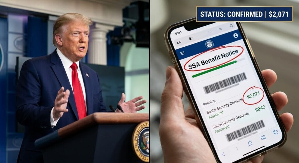 Split-screen image showing Donald Trump at a White House briefing desk alongside a hand holding a smartphone displaying a digital Social Security deposit alert for $2,071 and $943.