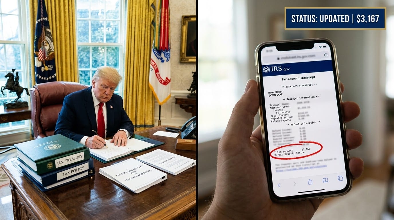 A split-screen visual showing a formal Oval Office desk setting on the left and a handheld mobile phone displaying an IRS tax transcript on the right, with the dollar amount highlighted.