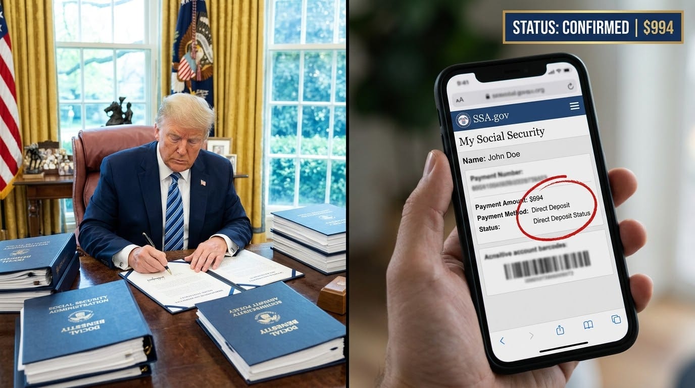 A split-screen visual displaying a formal Oval Office policy desk on the left and a handheld smartphone showing an SSA.gov payment portal on the right, highlighting the exact $994 deposit amount.