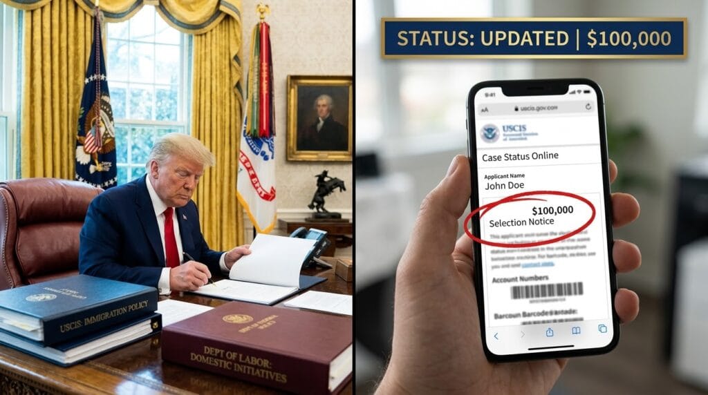 A split-screen visual displaying a formal Oval Office policy desk on the left and a handheld smartphone showing a USCIS.gov H-1B selection portal on the right, highlighting the $100,000 fee notice.