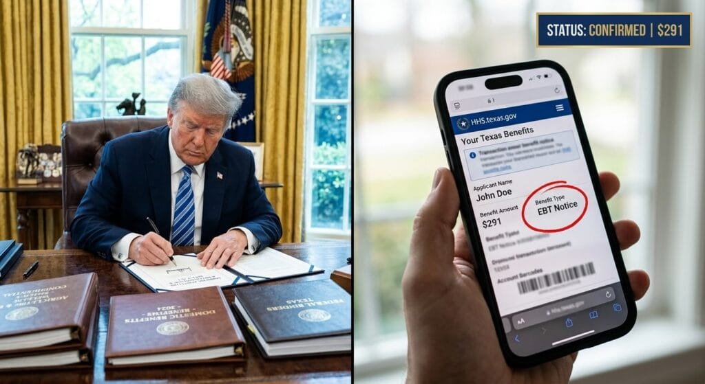 A split-screen visual displaying a formal Oval Office policy desk on the left and a handheld smartphone showing an HHS.texas.gov SNAP portal on the right, highlighting the $291 EBT notice and restriction warning.