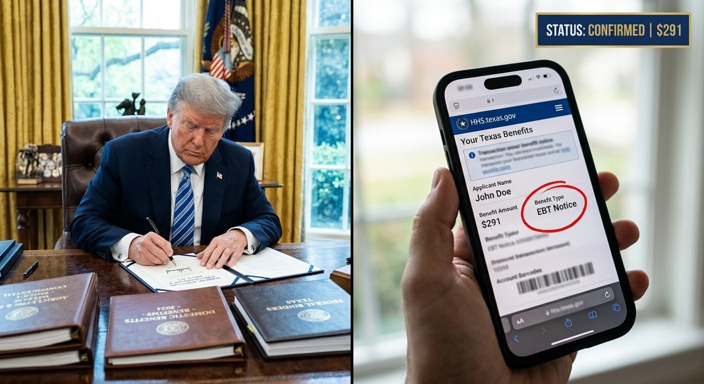 A split-screen visual displaying a formal Oval Office policy desk on the left and a handheld smartphone showing an HHS.texas.gov SNAP portal on the right, highlighting the $291 EBT notice and restriction warning.