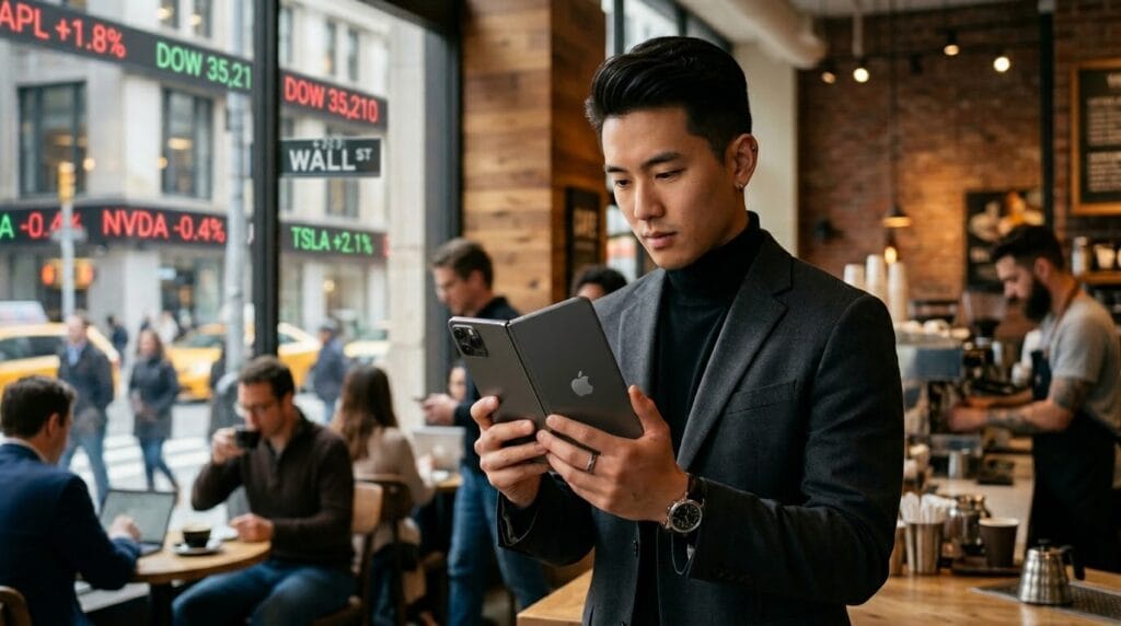 A stylish tech executive holding a futuristic foldable iPhone concept device in a dimly lit Wall Street coffee shop.
