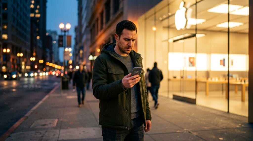 A frustrated smartphone user looking at an old device while standing near a glowing Apple Store.