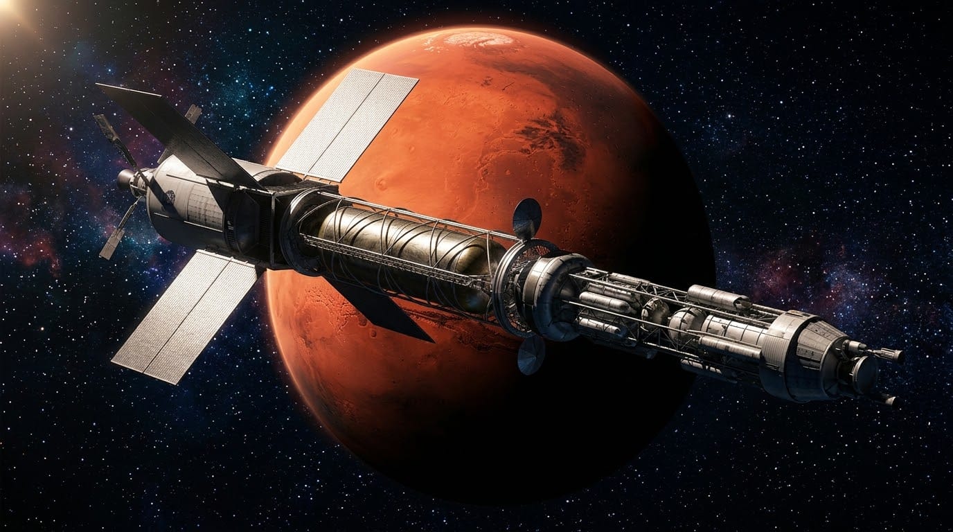 A highly detailed rendering of a futuristic nuclear-powered spacecraft traveling toward Mars in deep space.