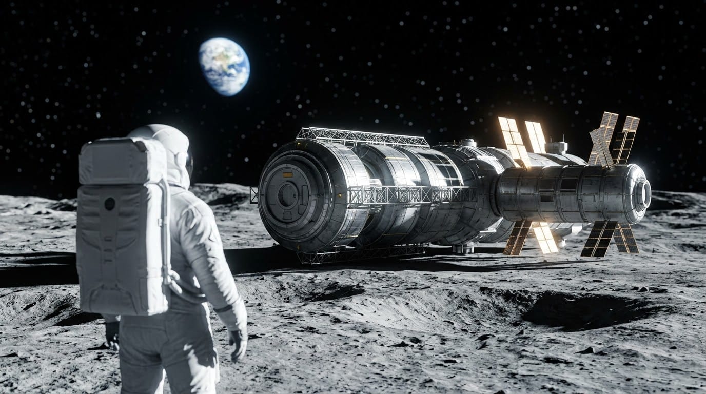 An astronaut standing in front of a newly constructed, highly advanced lunar base on the surface of the moon.